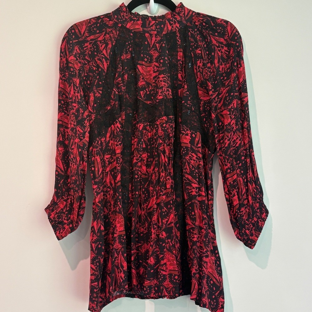 Anthropologie Bhanuni by Jyoti Women's Red Black Lace Print Blouse Long Sleeve S